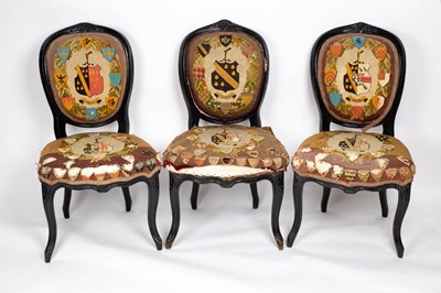 Lot 759 - Three Victorian ebonised chairs, the backs and...