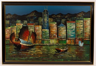 Lot 384 - W Yong/Rainbow Grey/Hong Kong citiscape/oil on...