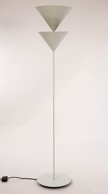 Lot 567 - A 20th Century white floor lamp with twin cone...