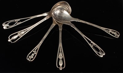 Lot 151 - Three pairs of Georg Jensen silver spoons with...