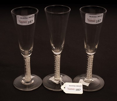 Lot 187 - A pair of 18th Century drawn stem wine glasses...