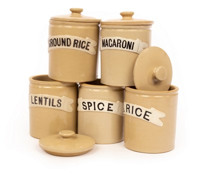Lot 229 - Five 14cm Bourne Denby creamware storage jars,...