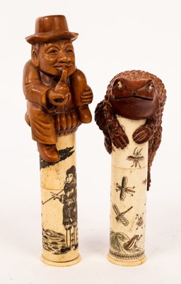 Lot 285 - A Japanese carved boxwood and bone scroll...