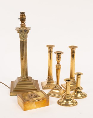 Lot 806 - A brass reading lamp with a Corinthian column,...