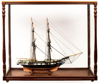 Lot 831 - A model of a fully rigged two-masted gun boat...