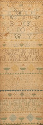 Lot 886 - An 18th Century needlework sampler, alphabet,...