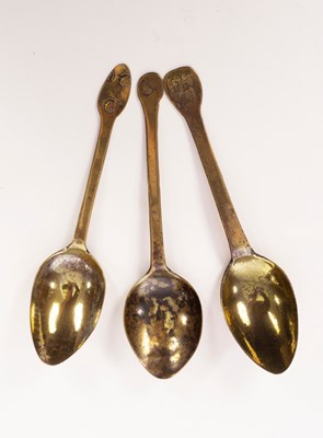 Lot 928 - Three 18th Century brass spoons with rounded,...