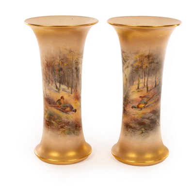 Lot 5 - A pair of Royal Worcester waisted cylindrical...