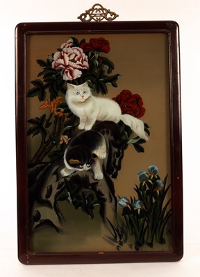 Lot 103 - A Chinese reverse glass painting of two cats...