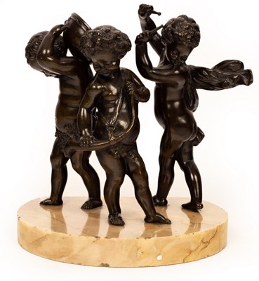 Lot 354 - A bronze group, musical putto on a marble base,...