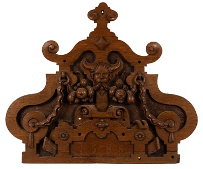 Lot 382 - An Elizabeth I style carved oak pediment with...