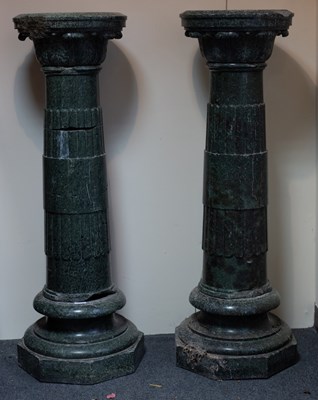 Lot 440 - A pair of Italian green mottled marble pillars,...