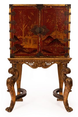 Lot 466 - An 18th Century red japanned cabinet on stand,...