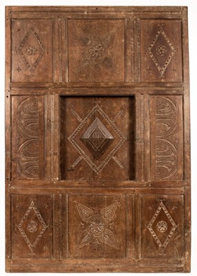 Lot 495 - A Charles II panelled oak bed canopy, with...