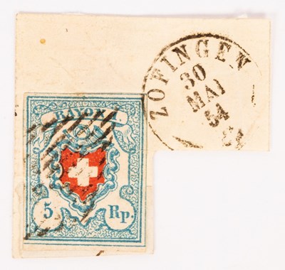 Lot 488 - Switzerland: 1850 issue of 5r red & pale blue,...