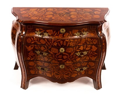 Lot 604 - A Dutch marquetry bombé shape chest, fitted...