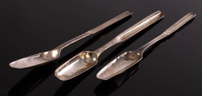 Lot 45 - Three Georgian silver marrow scoops, one with...