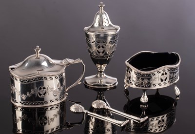 Lot 67 - A silver three piece cruet set, C J Vander,...