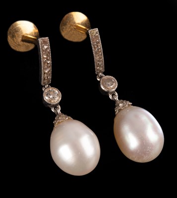 Lot 191 - A pair of diamond and pearl drop earrings, the...