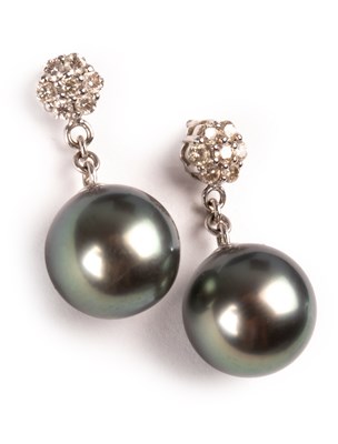 Lot 216 - A pair of cultured Tahitian pearl and diamond...