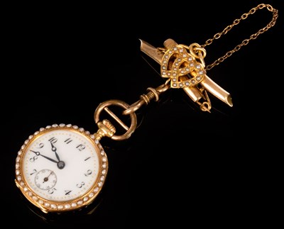 Lot 226 - A lady's gold and enamel fob watch, with pearl...