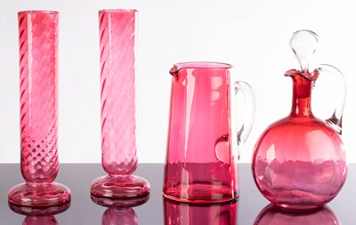 Lot 255 - A pair of cranberry glass vases, 27cm high and...