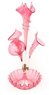 Lot 256 - A cranberry glass epergne, 58.5cm high