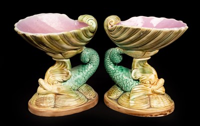 Lot 296 - A pair of Majolica nautilus shells with...