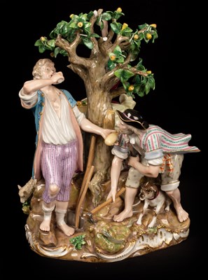 Lot 300 - A large Meissen figure group of three farmers...