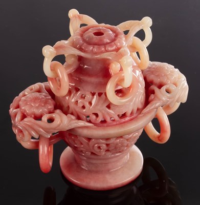 Lot 384 - A Chinese red and white Shoushan stone censer,...