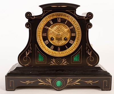 Lot 948 - A late 19th Century black slate mantel clock,...