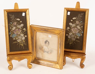 Lot 1015 - A pair of silk work floral pictures, 28cm x 13....