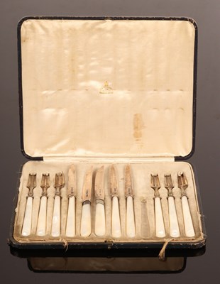 Lot 40 - Six silver dessert forks with mother-of-pearl...