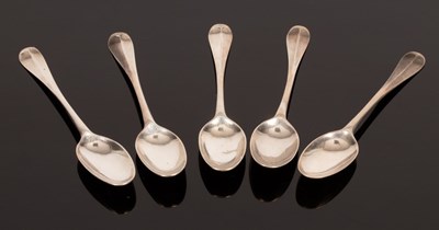 Lot 99 - Five George I silver rat tail teaspoons,...