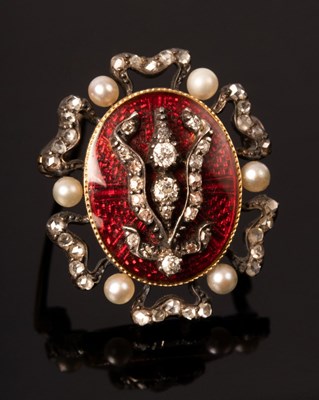 Lot 210 - A Victorian diamond, pearl and red enamel...