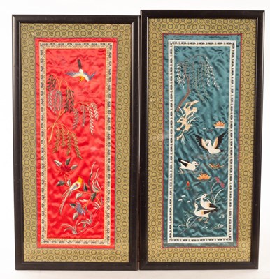 Lot 285 - Two framed Chinese embroidered cuffs, one red,...