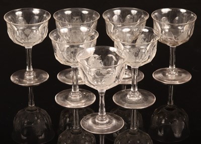 Lot 365 - Seven wine glasses with etched grape decoration