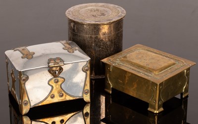 Lot 375 - A hammered brass lidded box, 12.5cm wide, an...