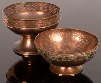 Lot 381 - A copper pedestal bowl with pierced border,...