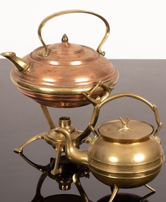 Lot 386 - A WAS Benson copper and brass kettle on tripod...