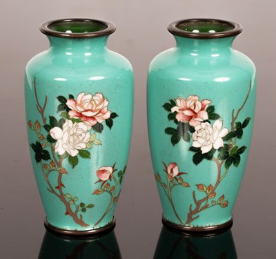 Lot 388 - A pair of cloisonné vases decorated flowering...