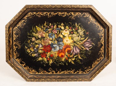 Lot 432 - A toleware tray painted flowers, 70cm wide