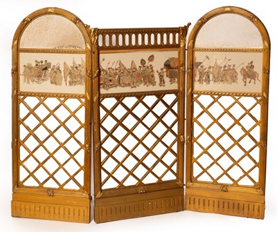 Lot 623 - A three-fold gilt framed screen, the arched...