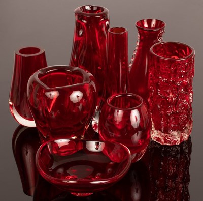 Lot 5 - Seven Whitefriars red glass vases, various...