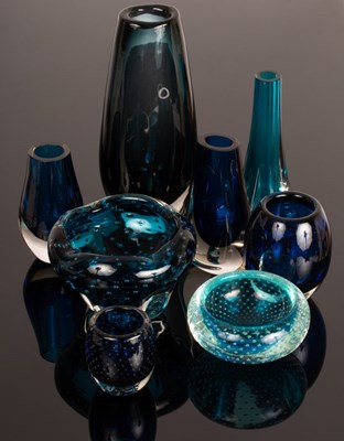 Lot 6 - Five Whitefriars blue glass vases and three...