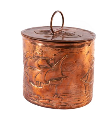 Lot 373 - Newlyn, an oval copper biscuit barrel embossed...