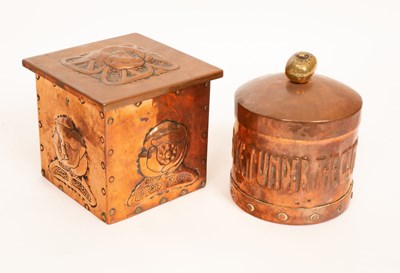 Lot 377 - An Arts & Crafts circular copper tobacco box...