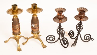 Lot 384 - A pair of copper and wrought iron candlesticks,...