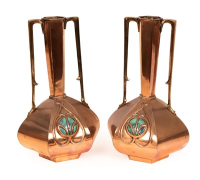 Lot 391 - A pair of Arts & Crafts copper vases with...