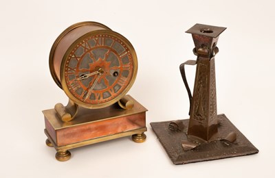 Lot 416 - An Arts & Crafts drum clock in a copper case,...